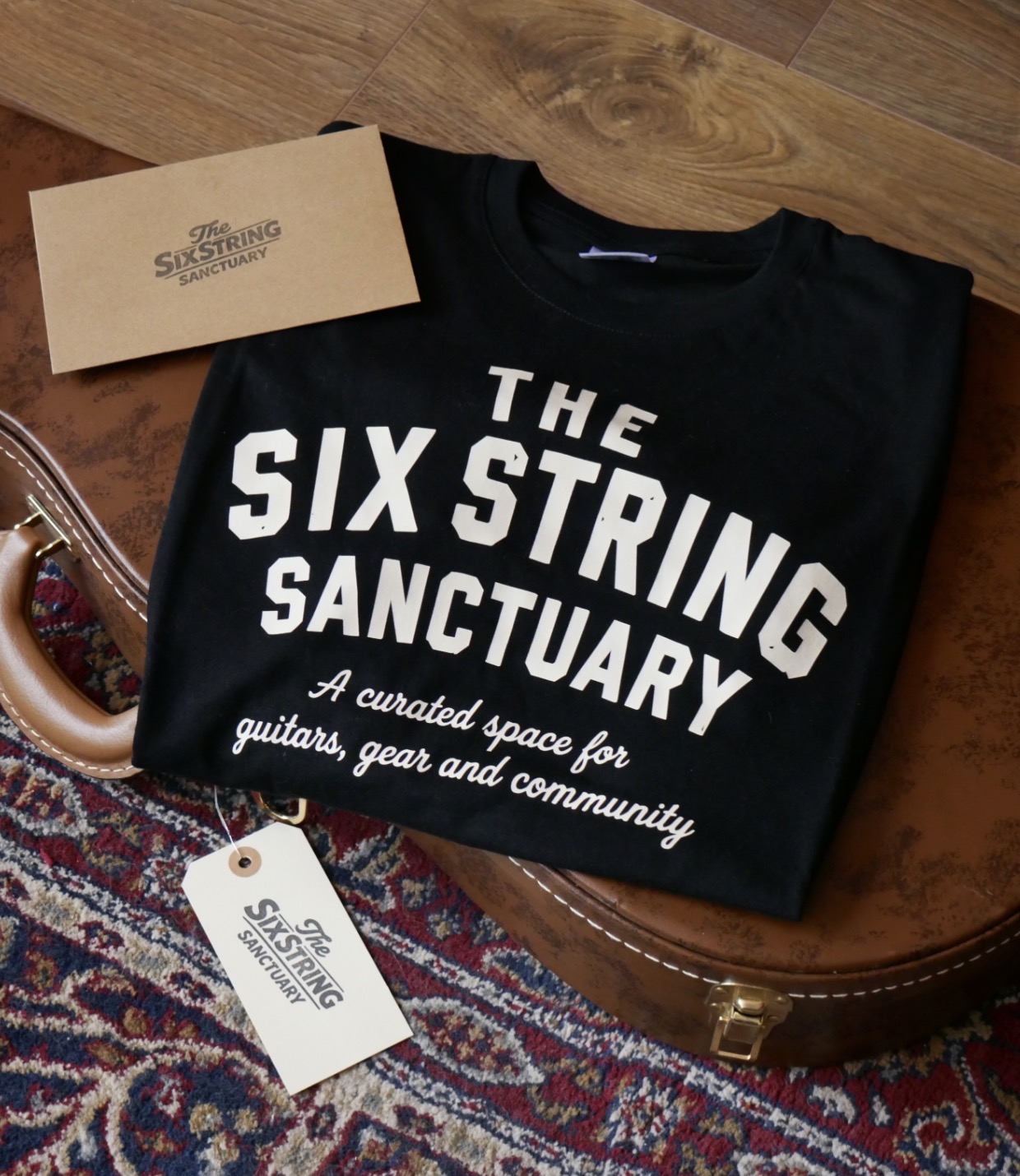 Black The Six String Sanctuary T-shirt with white front print
